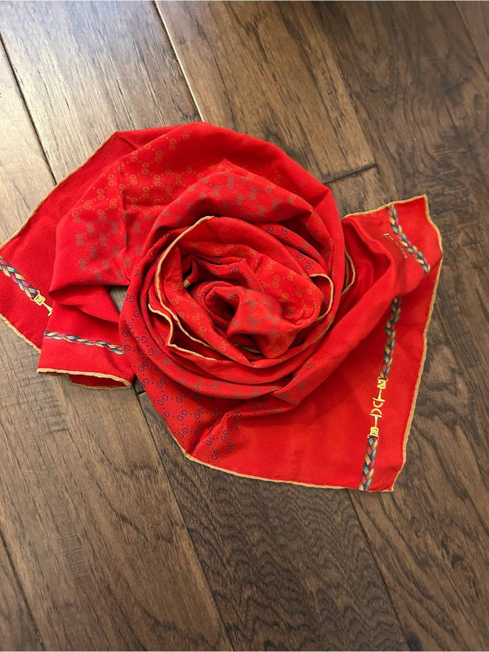 Gucci Red Scarf with Gold Trim and Braided Detail